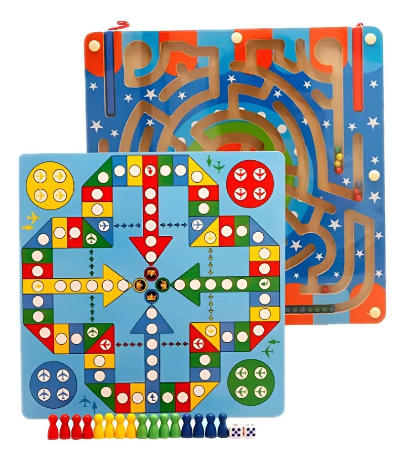 JUEGO DIDACTICO 2 EN 1 LUDO Y LABERINTO MAGNE TICO DE MADERA - 1
