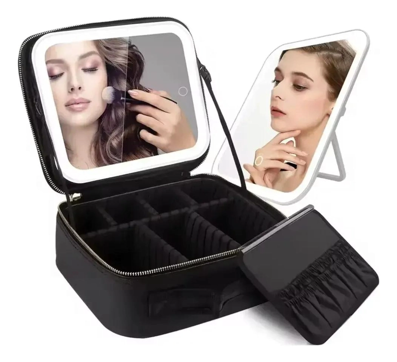 ESTUCHE DE MAQUILLAJE VIAJE CON ESPEJO LED ROSA - 1