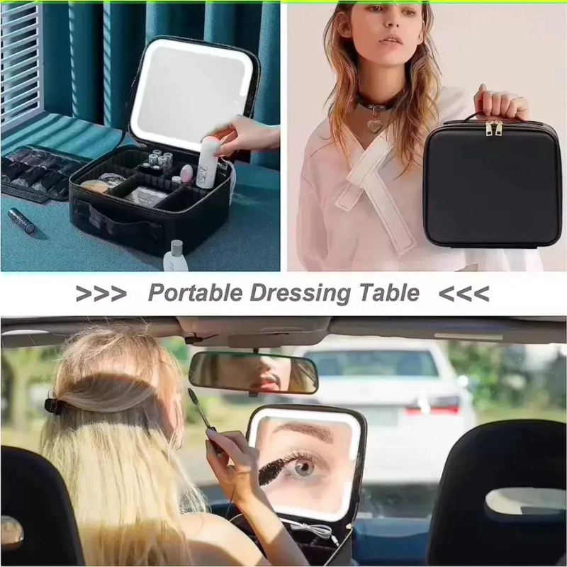 ESTUCHE DE MAQUILLAJE VIAJE CON ESPEJO LED ROSA - 5