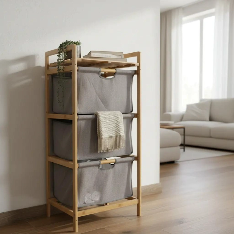 MUEBLE ORGANIZADOR DE BAMBU CON TRES CANASTOS GRISES - 1