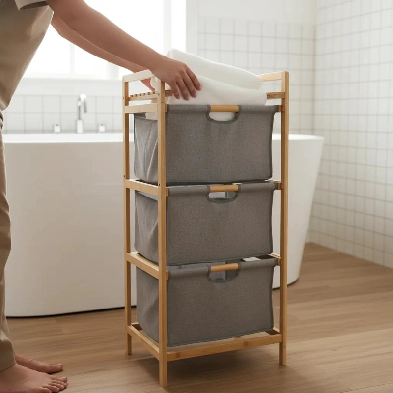 MUEBLE ORGANIZADOR DE BAMBU CON TRES CANASTOS GRISES - 3