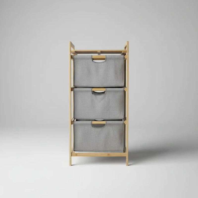 MUEBLE ORGANIZADOR DE BAMBU CON TRES CANASTOS GRISES - 5