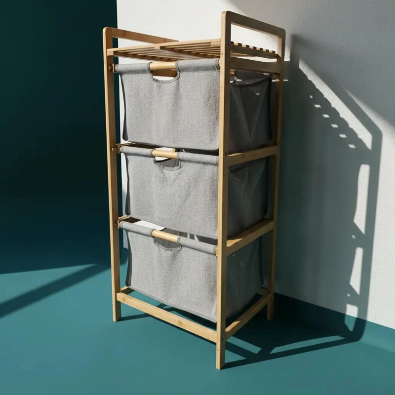 MUEBLE ORGANIZADOR DE BAMBU CON TRES CANASTOS GRISES - 6