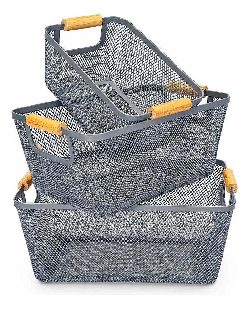 SET DE 3 CANASTOS METALICOS CON MANGO DE MADERA PARA ORGANIZACION - 1