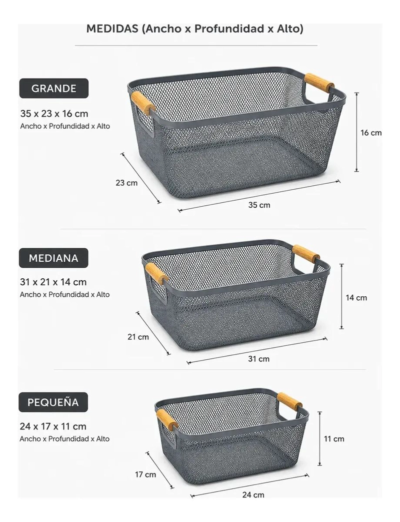 SET DE 3 CANASTOS METALICOS CON MANGO DE MADERA PARA ORGANIZACION - 3