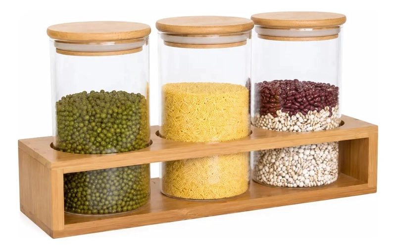 SET DE 3 FRASCOS DE VIDRIO CON TAPA DE BAMBU PARA ORGANIZACION - 1