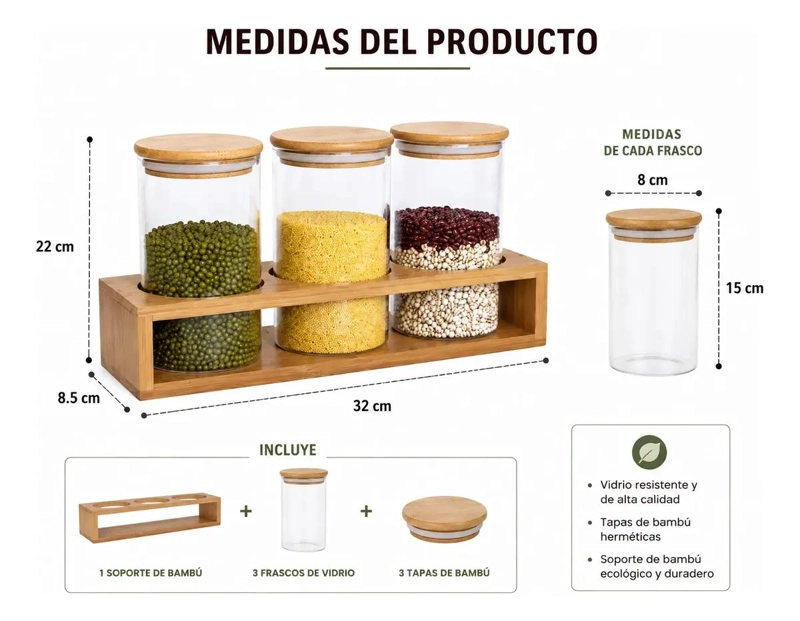 SET DE 3 FRASCOS DE VIDRIO CON TAPA DE BAMBU PARA ORGANIZACION - 2