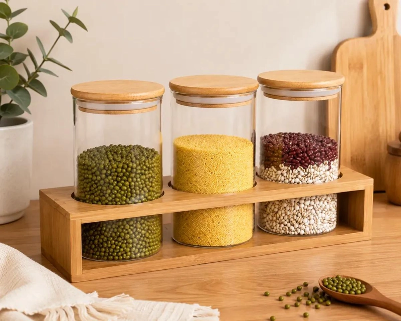 SET DE 3 FRASCOS DE VIDRIO CON TAPA DE BAMBU PARA ORGANIZACION - 3