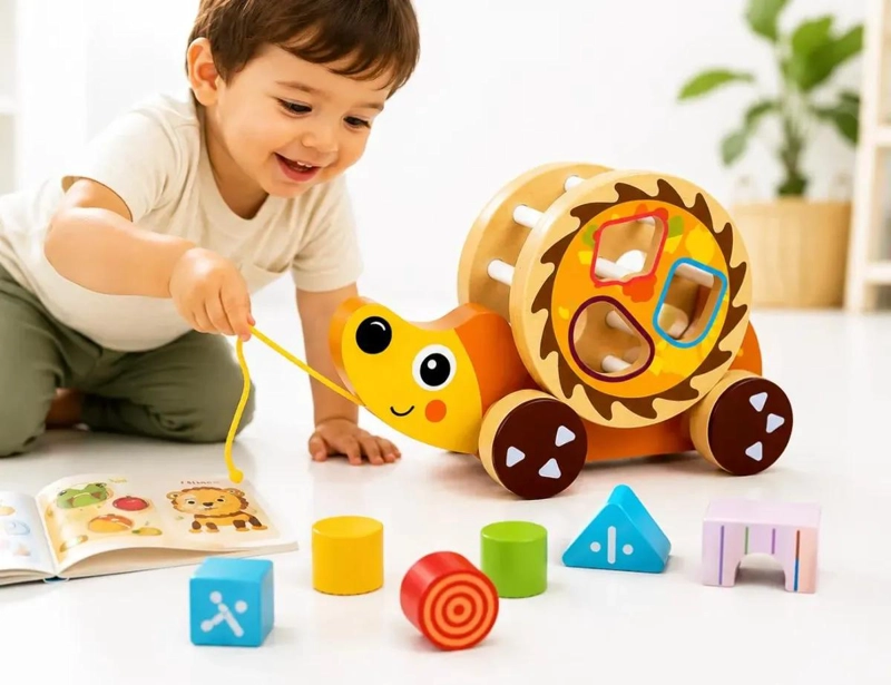 JUGUETE DE ARRASTRE EDUCATIVO DE MADERA CON ENCAJE DE FORMAS - 1