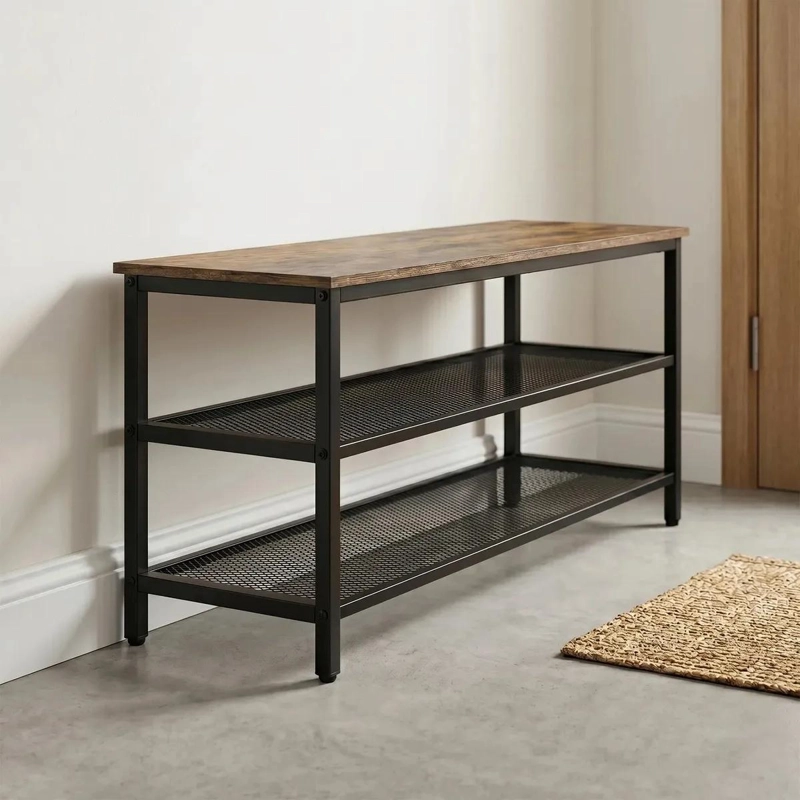 BANCA ZAPATERO ESTILO INDUSTRIAL RUSTICO 3 NIVELES CAFE  Y NEGRO - 1