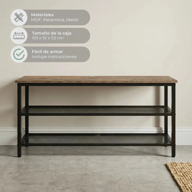 BANCA ZAPATERO ESTILO INDUSTRIAL RUSTICO 3 NIVELES CAFE  Y NEGRO - 6