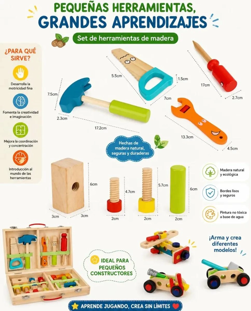 MALETIN DE HERRAMIENTAS DE MADERA 34 PIEZAS PARA NIÑOS - 2
