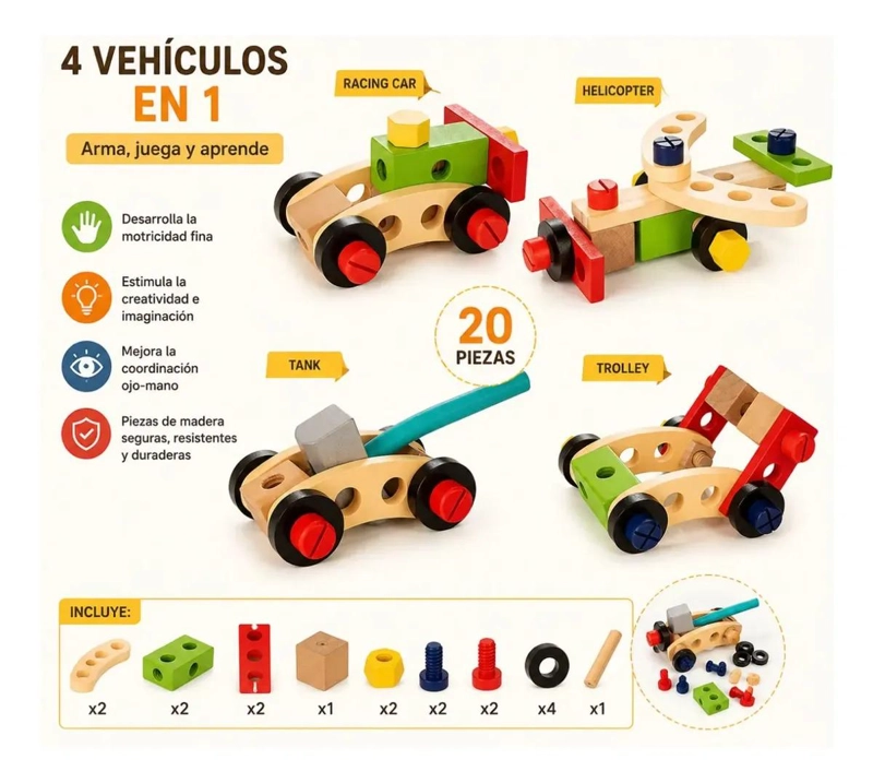 MALETIN DE HERRAMIENTAS DE MADERA 34 PIEZAS PARA NIÑOS - 3