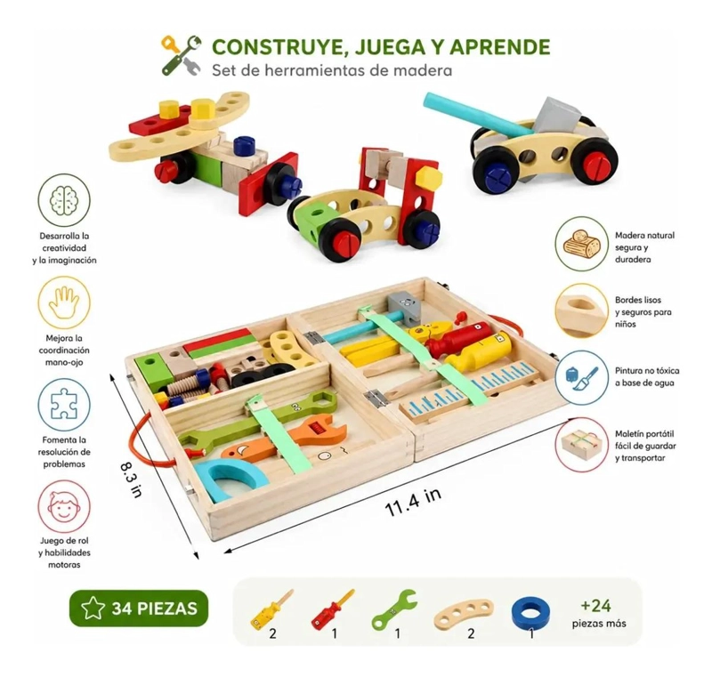 MALETIN DE HERRAMIENTAS DE MADERA 34 PIEZAS PARA NIÑOS - 4