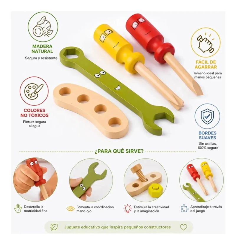 MALETIN DE HERRAMIENTAS DE MADERA 34 PIEZAS PARA NIÑOS - 5