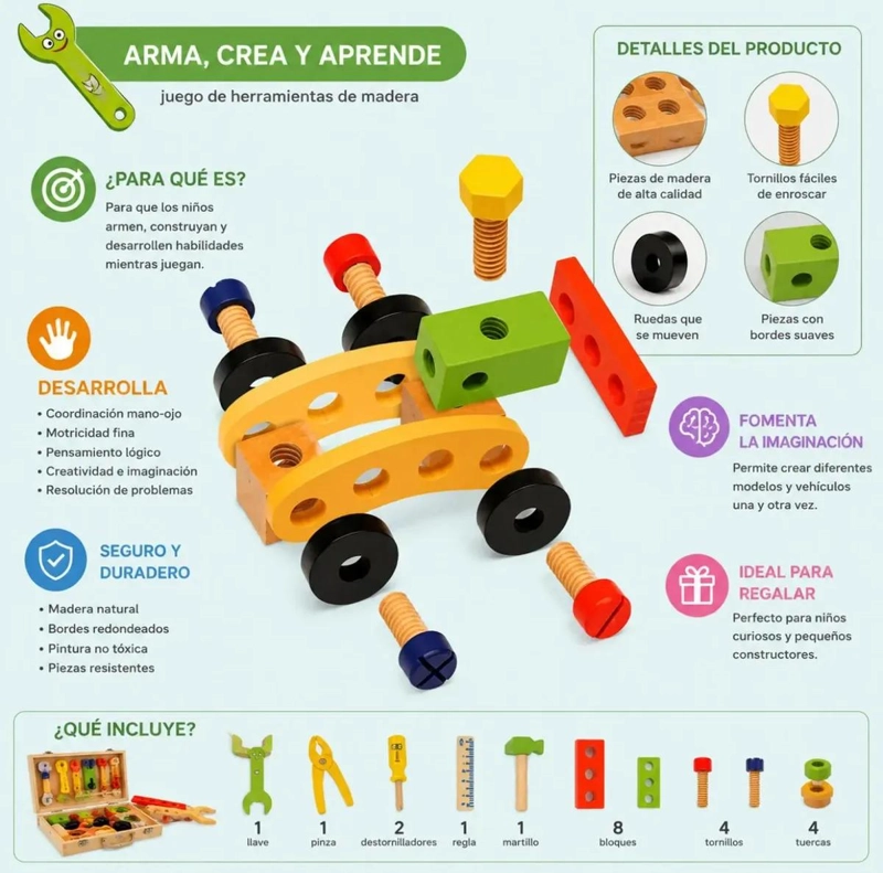 MALETIN DE HERRAMIENTAS DE MADERA 34 PIEZAS PARA NIÑOS - 6