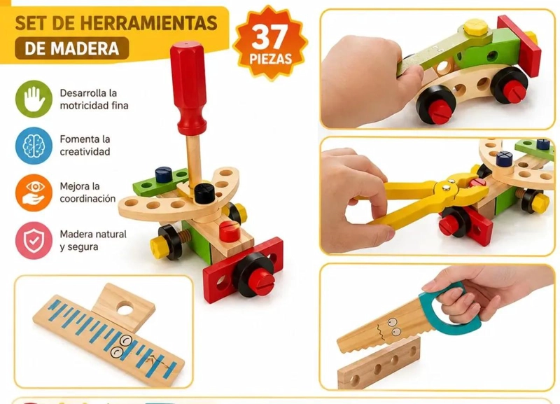 MALETIN DE HERRAMIENTAS DE MADERA 34 PIEZAS PARA NIÑOS - 7