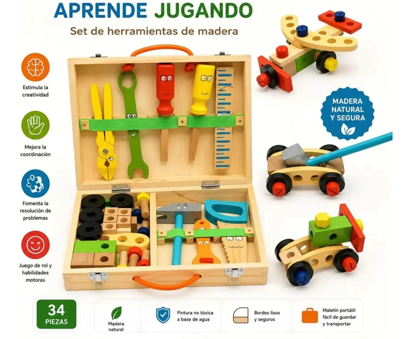 MALETIN DE HERRAMIENTAS DE MADERA 34 PIEZAS PARA NIÑOS - 8
