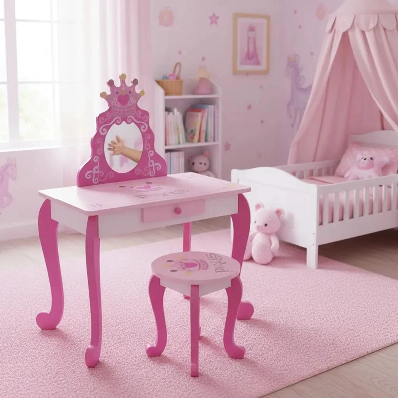 TOCADOR INFANTIL ROSA CON ESPEJO Y TABURETE DE MADERA - 1