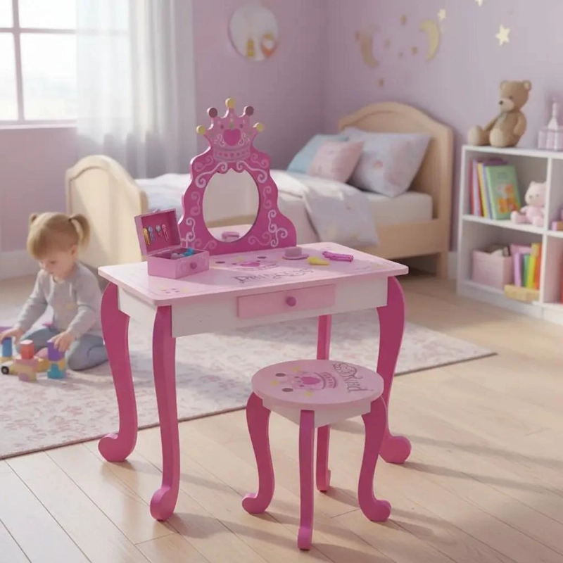 TOCADOR INFANTIL ROSA CON ESPEJO Y TABURETE DE MADERA - 2