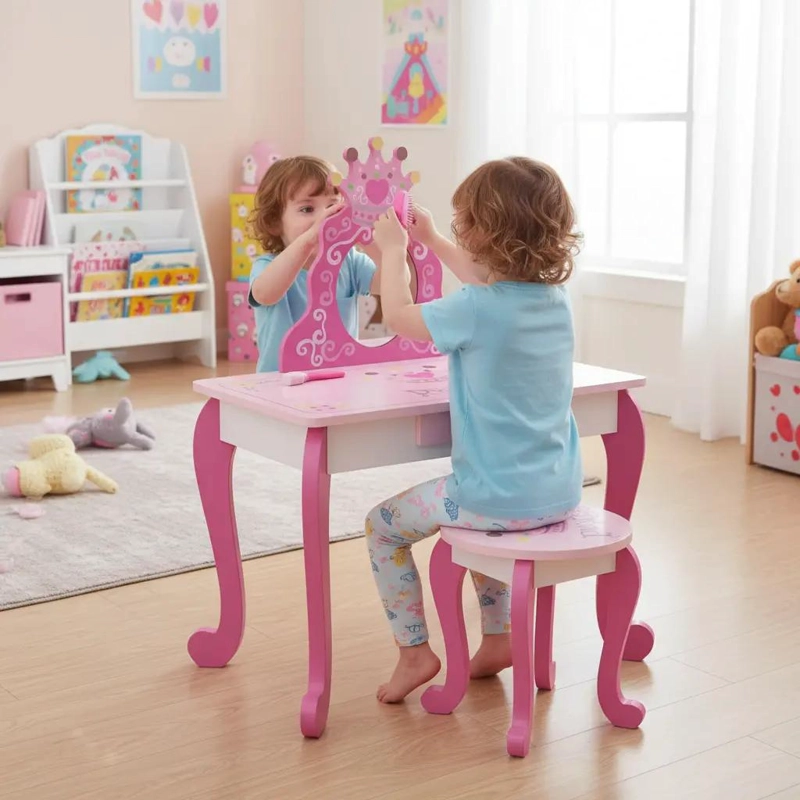 TOCADOR INFANTIL ROSA CON ESPEJO Y TABURETE DE MADERA - 3