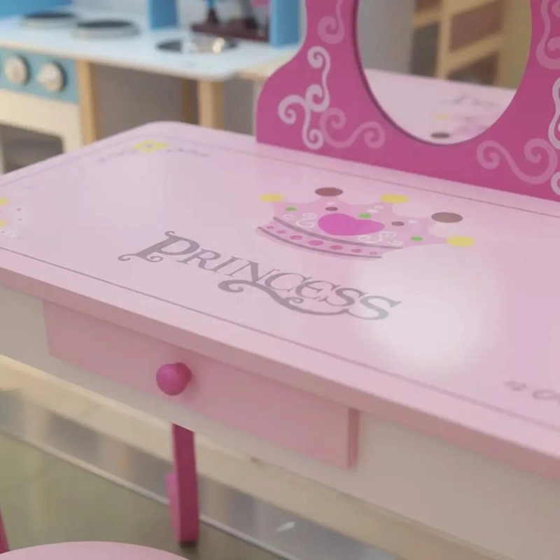 TOCADOR INFANTIL ROSA CON ESPEJO Y TABURETE DE MADERA - 4