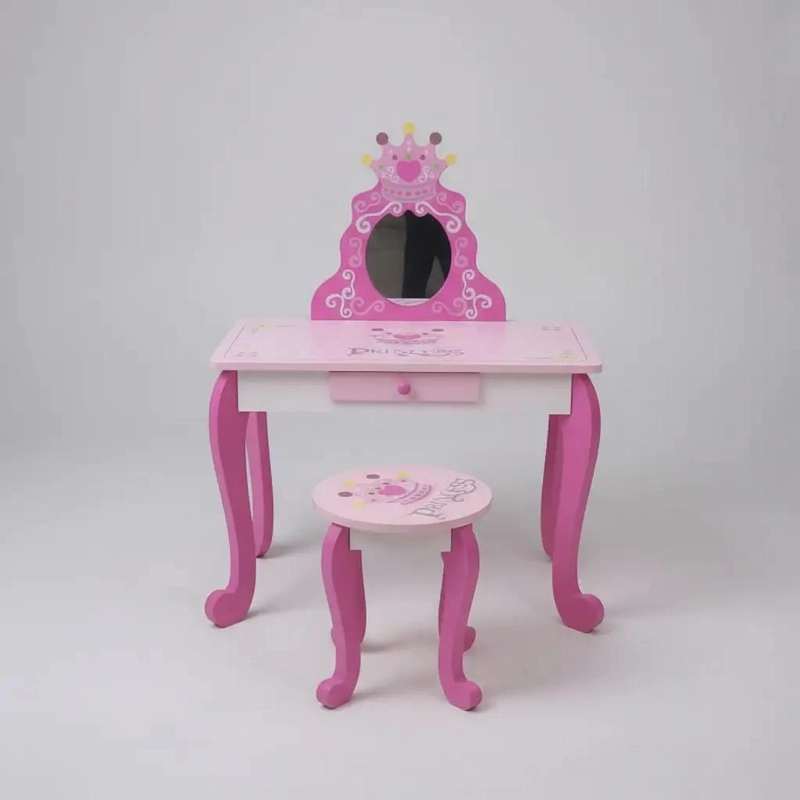 TOCADOR INFANTIL ROSA CON ESPEJO Y TABURETE DE MADERA - 5