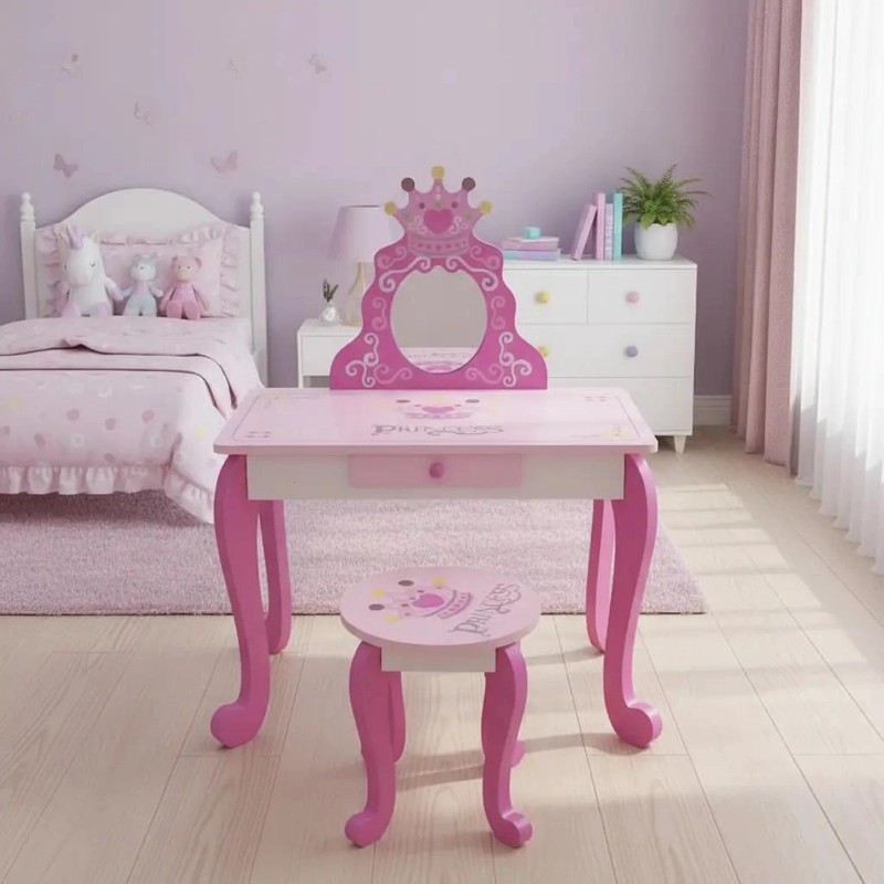 TOCADOR INFANTIL ROSA CON ESPEJO Y TABURETE DE MADERA - 6