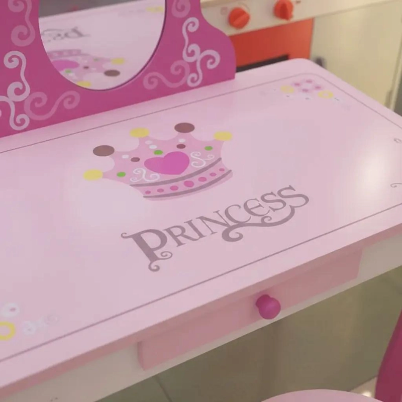 TOCADOR INFANTIL ROSA CON ESPEJO Y TABURETE DE MADERA - 8