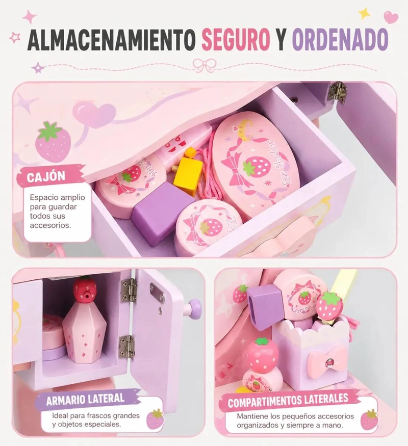 TOCADOR INFANTIL DE MADERA CON ESPEJO Y ACCESORIOS - 6