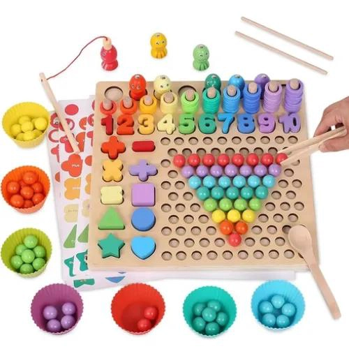 JUGUETE EDUCATIVO DE MADERA PARA APRENDER MATEMATICAS Y PESCA - 1