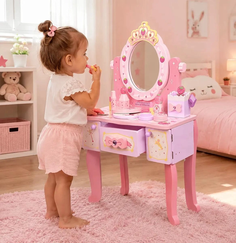TOCADOR INFANTIL DE MADERA CON ESPEJO Y ACCESORIOS DE BELLEZA - 10