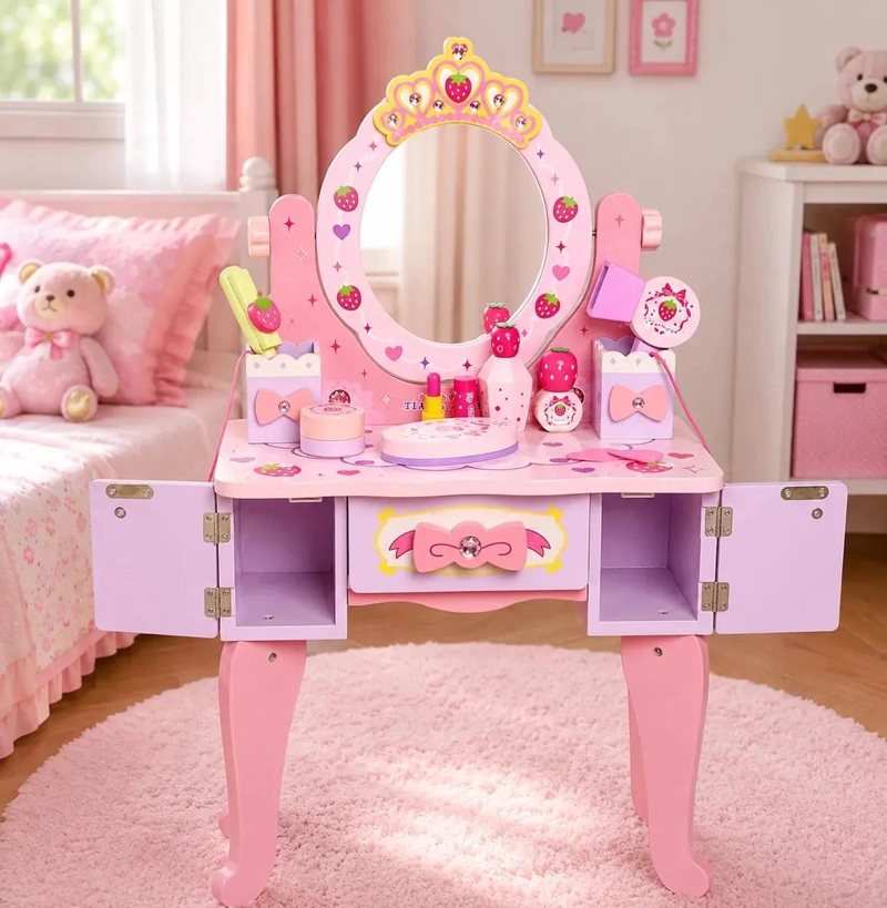 TOCADOR INFANTIL DE MADERA CON ESPEJO Y ACCESORIOS DE BELLEZA - 4