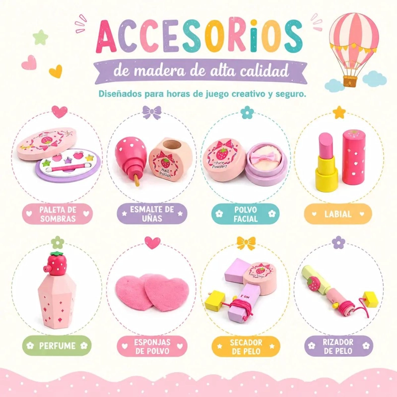 TOCADOR INFANTIL DE MADERA CON ESPEJO Y ACCESORIOS DE BELLEZA - 7