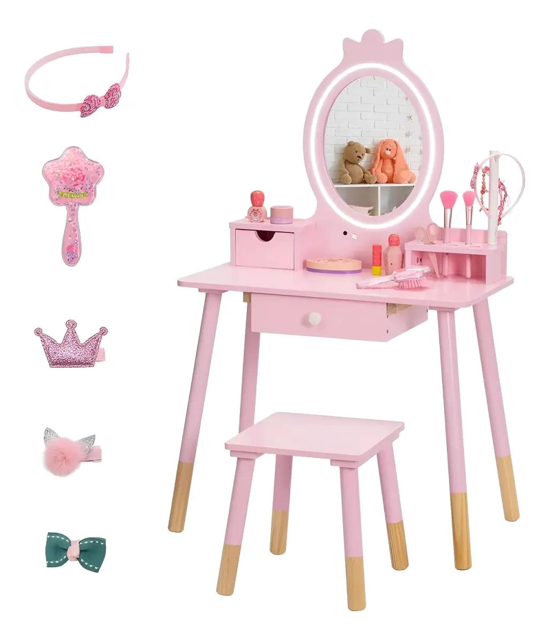 TOCADOR DE JUGUETE ROSA CON ESPEJO Y ACCESORIOS ILUMINADOS - 1