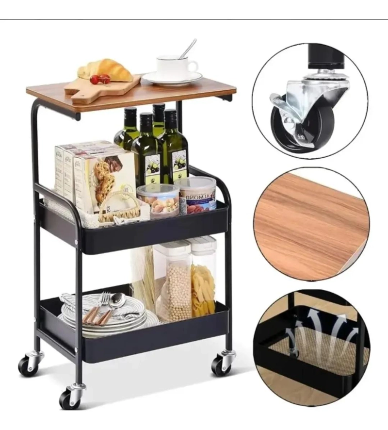 CARRO ORGANIZADOR DE 3 NIVELES CON RUEDAS Y TAPA DE MADERA - 2