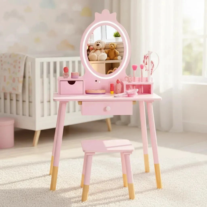 TOCADOR INFANTIL ROSA CON ESPEJO Y BANQUITO PARA NIÑAS - 1