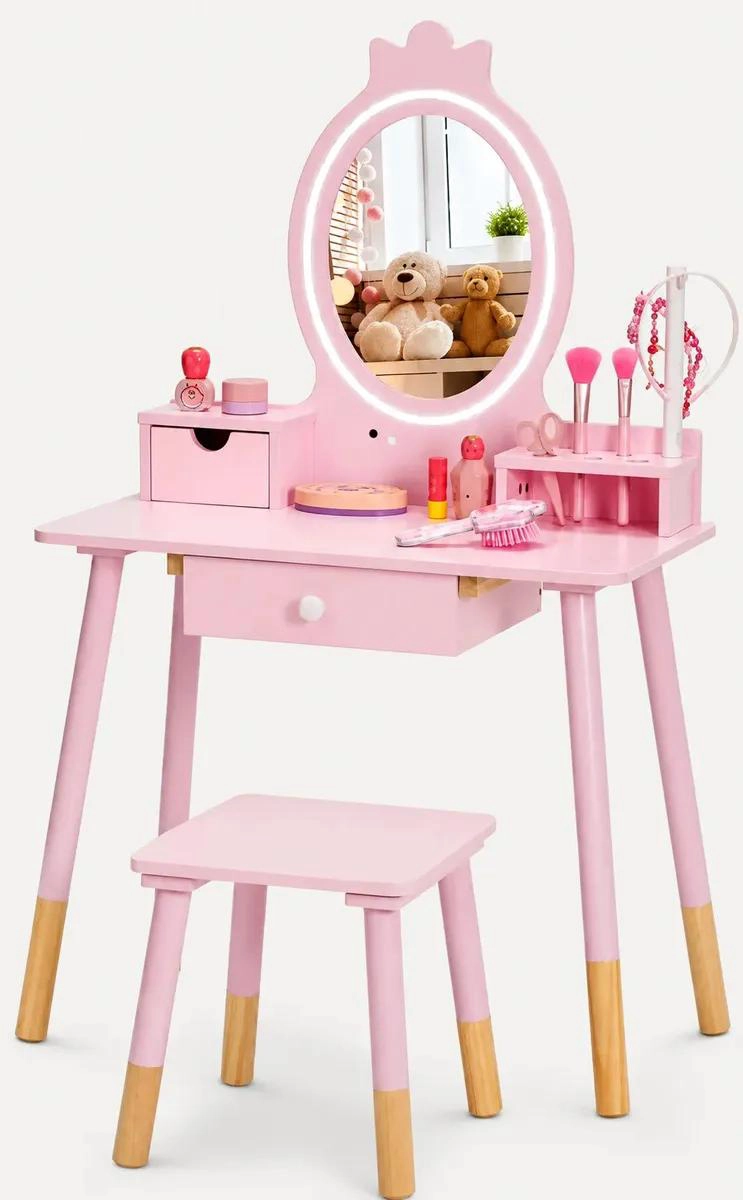 TOCADOR INFANTIL ROSA CON ESPEJO Y BANQUITO PARA NIÑAS - 2