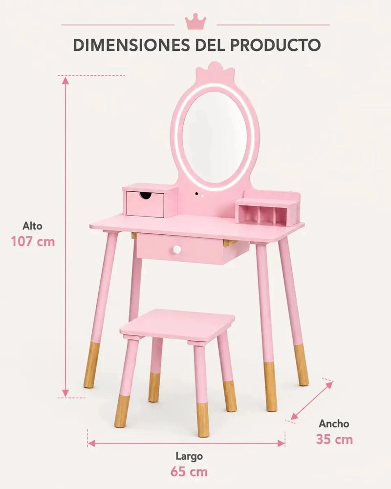TOCADOR INFANTIL ROSA CON ESPEJO Y BANQUITO PARA NIÑAS - 3