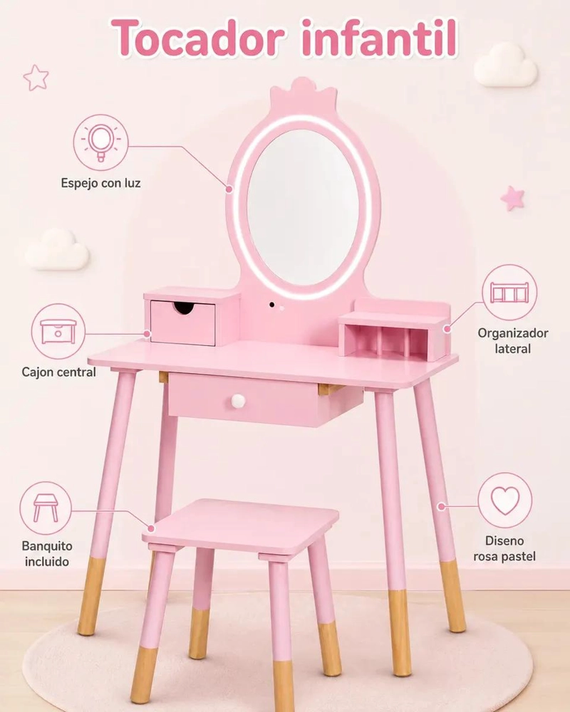 TOCADOR INFANTIL ROSA CON ESPEJO Y BANQUITO PARA NIÑAS - 4