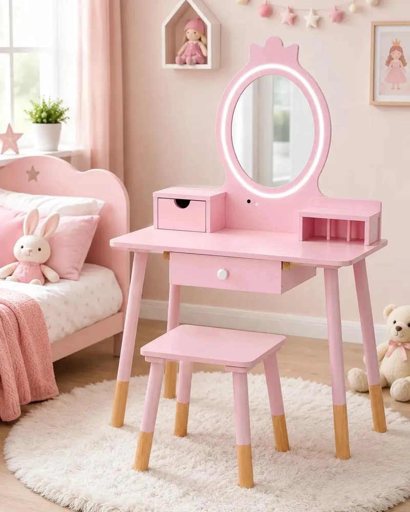 TOCADOR INFANTIL ROSA CON ESPEJO Y BANQUITO PARA NIÑAS - 5