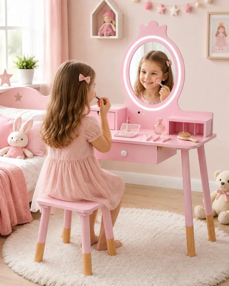 TOCADOR INFANTIL ROSA CON ESPEJO Y BANQUITO PARA NIÑAS - 6