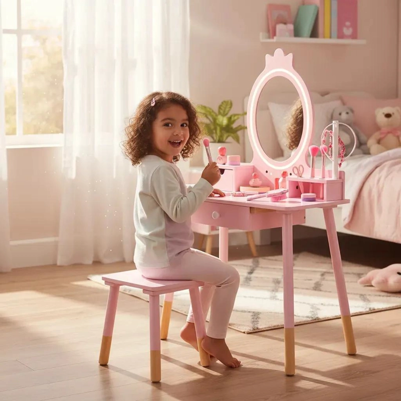 TOCADOR INFANTIL ROSA CON ESPEJO Y BANQUITO PARA NIÑAS - 7