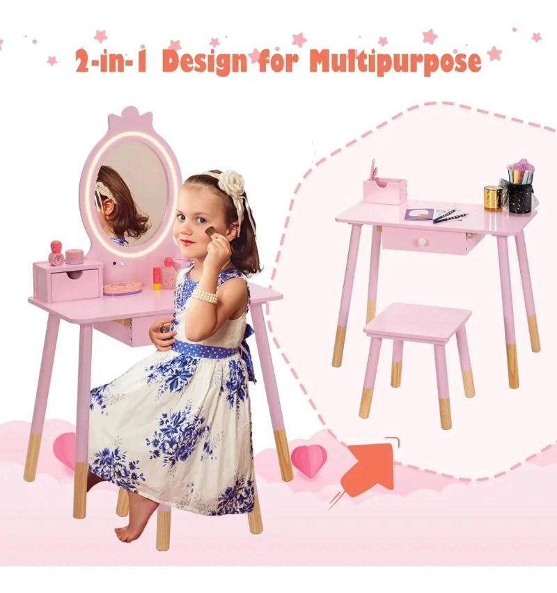 TOCADOR INFANTIL ROSA CON ESPEJO Y LUZ LED - 2
