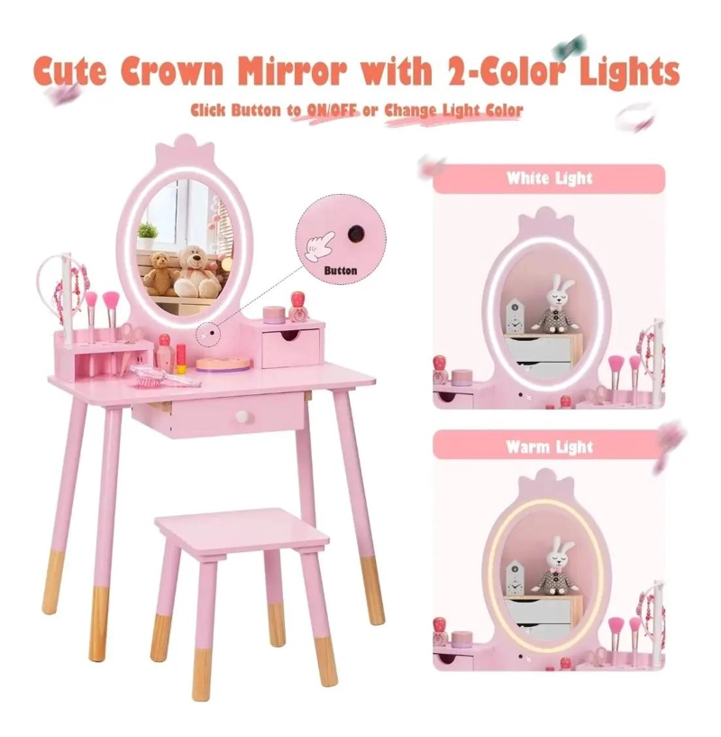 TOCADOR INFANTIL ROSA CON ESPEJO Y LUZ LED - 3
