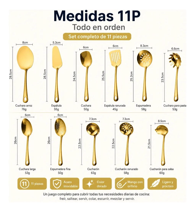 SET DE UTENSILIOS DE COCINA DE ACERO INOXIDABLE CON 11 PIEZAS - 2