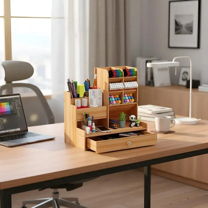 ORGANIZADOR DE ESCRITORIO DE MADERA CON 11 COMPARTIMENTOS - 1