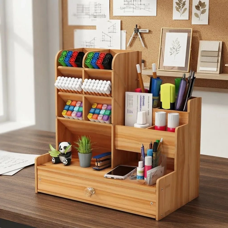 ORGANIZADOR DE ESCRITORIO DE MADERA CON 11 COMPARTIMENTOS - 2