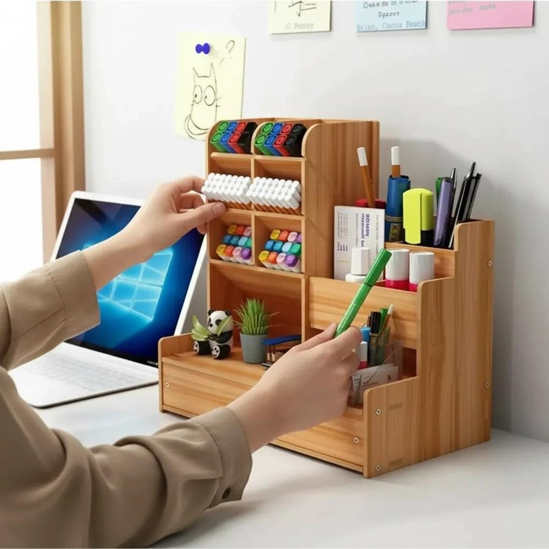 ORGANIZADOR DE ESCRITORIO DE MADERA CON 11 COMPARTIMENTOS - 3