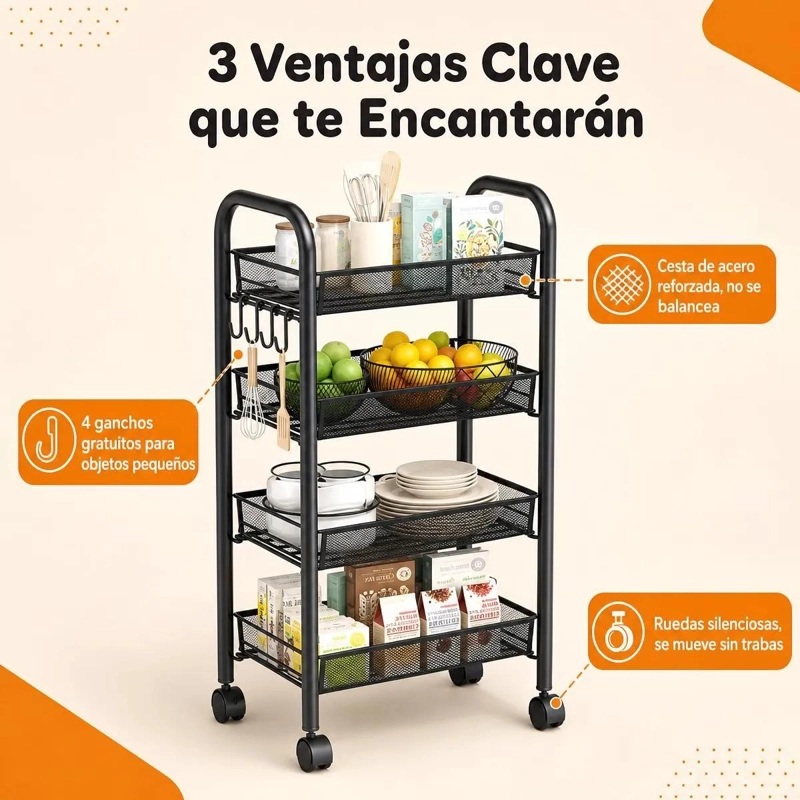 CARRO ORGANIZADOR METALICO DE 4 NIVELES CON RUEDAS PARA ALMACENAMIENTO - 3